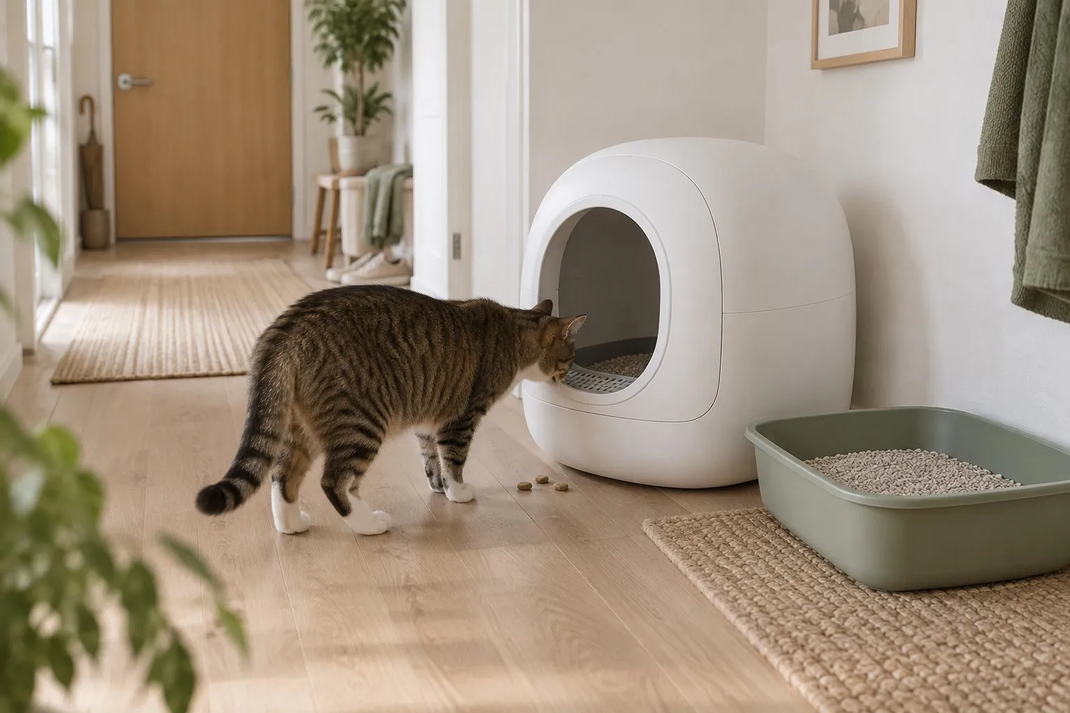Symbolbild (KI-generiert): Getigerte Katze schnuppert im Flur am Eingang einer ausgeschalteten weißen automatischen Toilette, daneben steht ihre gewohnte offene Katzentoilette, Leckerli liegen am Boden