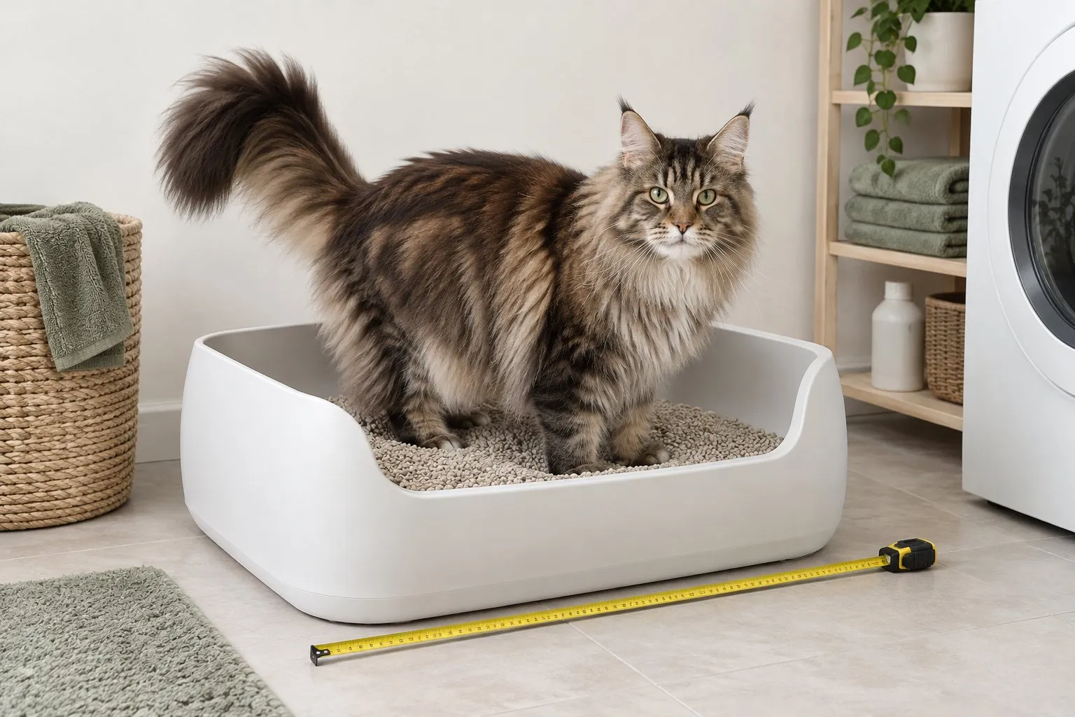 Symbolbild (KI-generiert): Große langhaarige Katze steht in einer offenen weißen Katzentoilette mit Klumpstreu, davor liegt ein ausgezogenes Maßband auf dem Fliesenboden