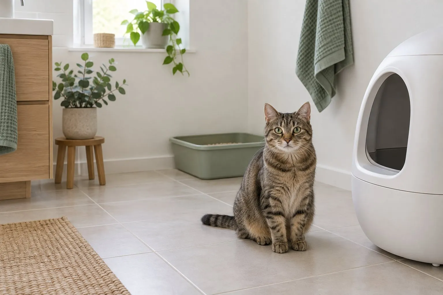 Symbolbild (KI-generiert): Getigerte Katze sitzt ruhig in einem hellen Badezimmer, rechts angeschnitten eine weiße automatische Toilette, im Hintergrund eine zweite, offene Katzentoilette