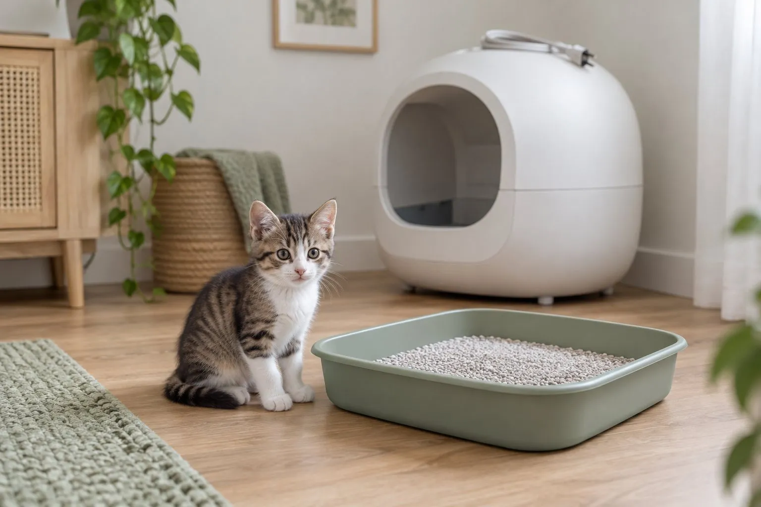 Symbolbild (KI-generiert): Kitten sitzt neben einer flachen, offenen Katzentoilette; im Hintergrund steht eine weiße automatische Toilette, deren Stromkabel aufgewickelt obenauf liegt