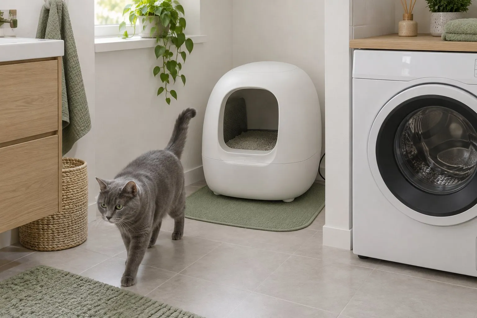 Symbolbild (KI-generiert): Weiße automatische Katzentoilette auf einer grünen Matte in der Badezimmerecke neben der Waschmaschine, eine graue Katze läuft davon weg