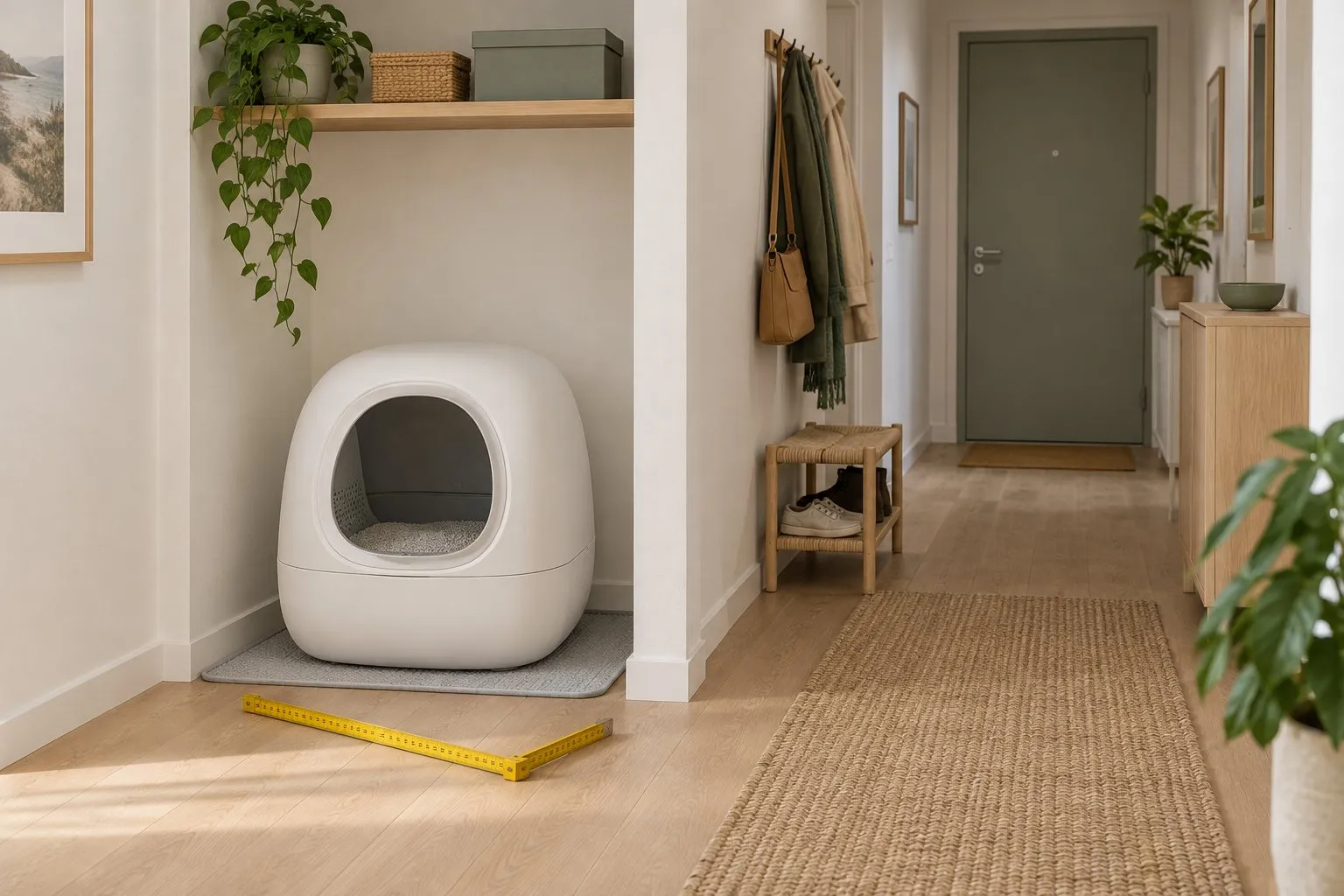 Symbolbild (KI-generiert): Weiße automatische Katzentoilette auf einer Matte in einer Flurnische, davor liegt ein gelber Zollstock auf dem Boden